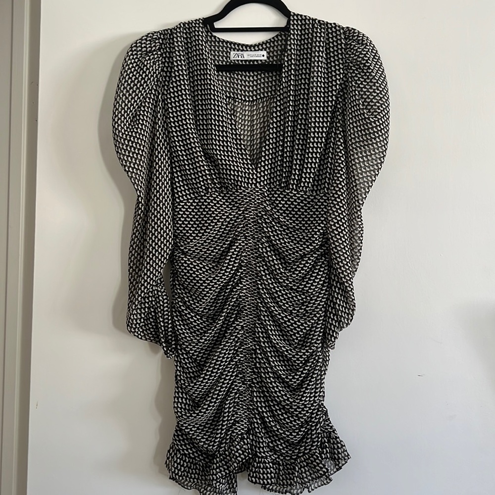 Ruched mini dress with puff sleeve detail